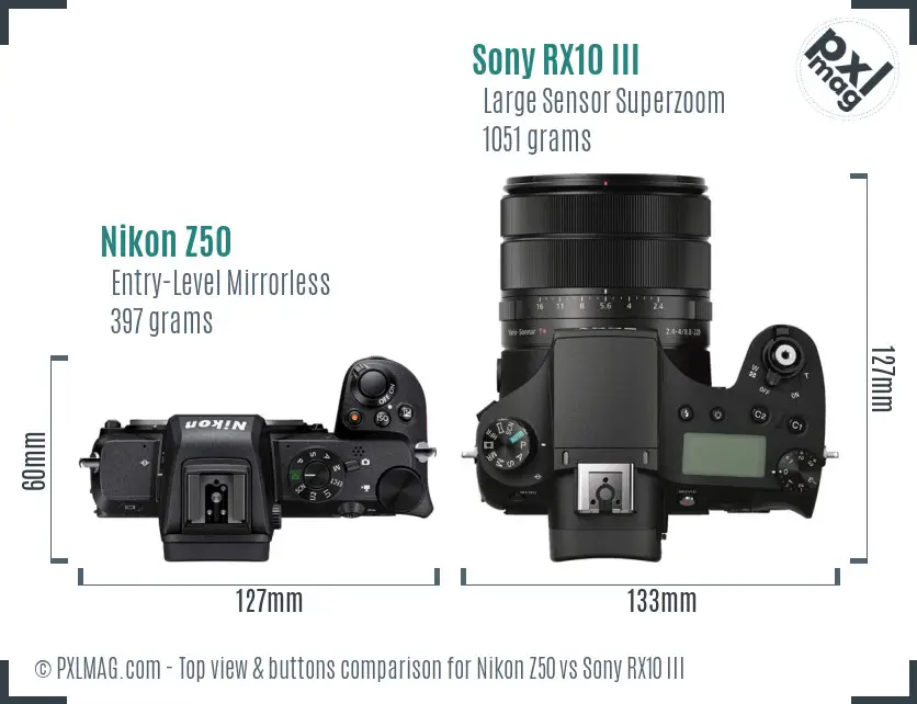 Nikon Z50 vs Sony RX10 III top view buttons comparison