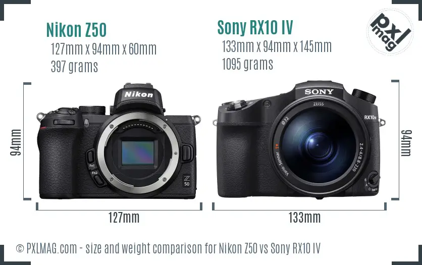 Nikon Z50 vs Sony RX10 IV size comparison
