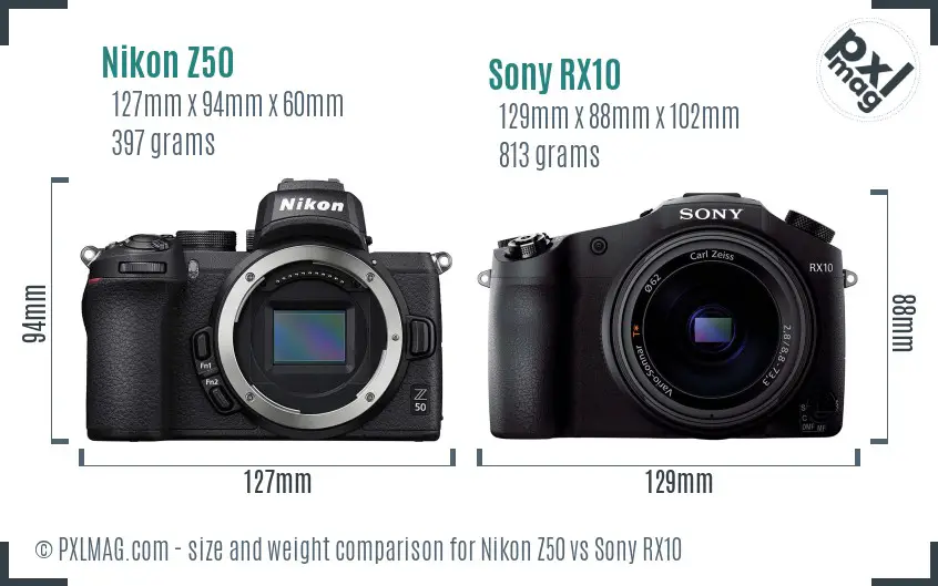 Nikon Z50 vs Sony RX10 size comparison