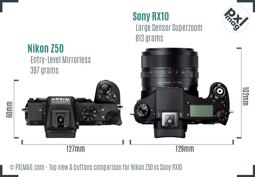 Nikon Z50 vs Sony RX10 top view buttons comparison