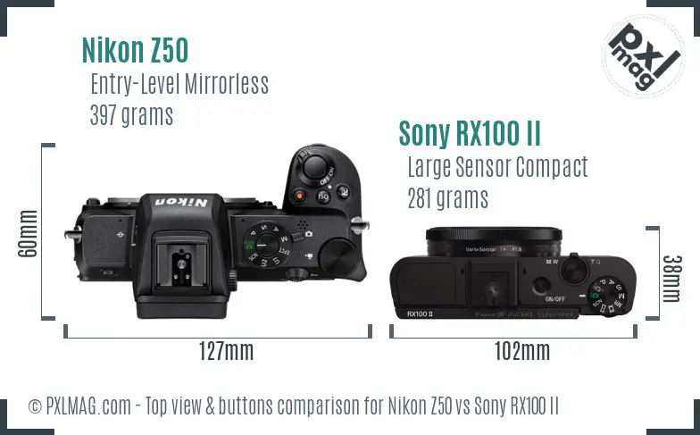 Nikon Z50 vs Sony RX100 II top view buttons comparison