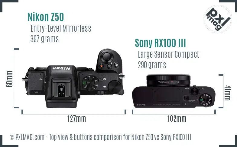 Nikon Z50 vs Sony RX100 III top view buttons comparison