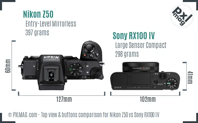Nikon Z50 vs Sony RX100 IV top view buttons comparison