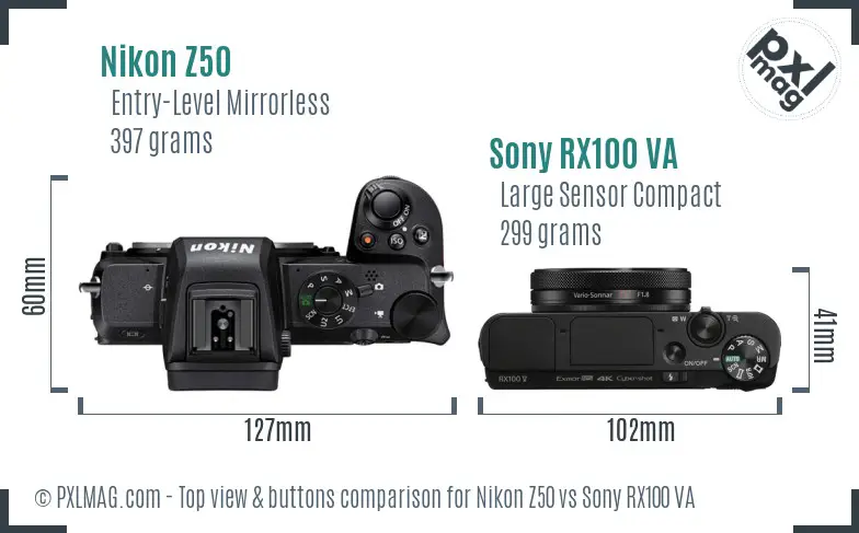 Nikon Z50 vs Sony RX100 VA top view buttons comparison