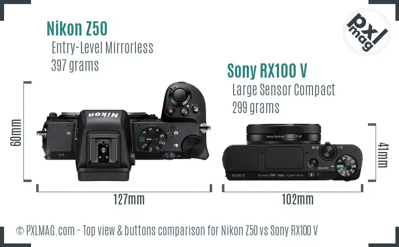 Nikon Z50 vs Sony RX100 V top view buttons comparison