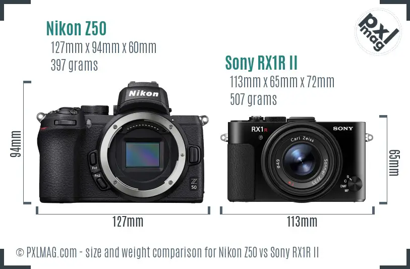 Nikon Z50 vs Sony RX1R II size comparison