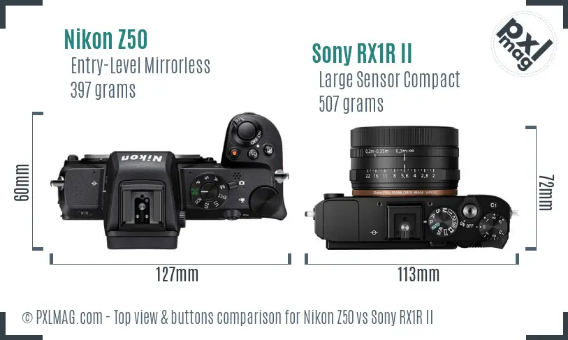 Nikon Z50 vs Sony RX1R II top view buttons comparison