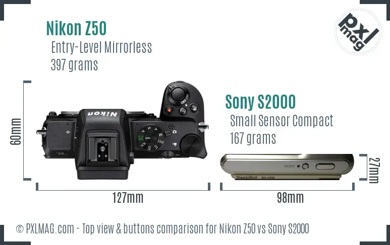 Nikon Z50 vs Sony S2000 top view buttons comparison Nikon Z50 vs Sony S2000 top view buttons comparison