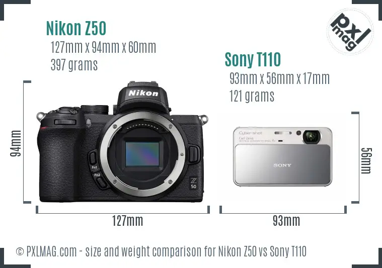 Nikon Z50 vs Sony T110 size comparison