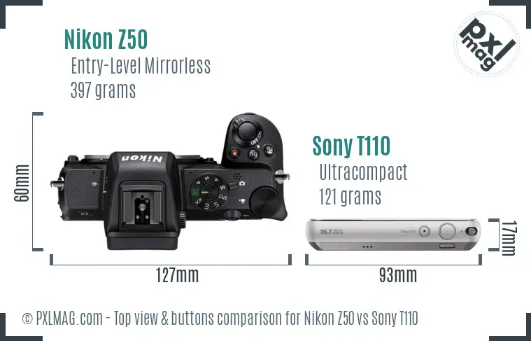 Nikon Z50 vs Sony T110 top view buttons comparison