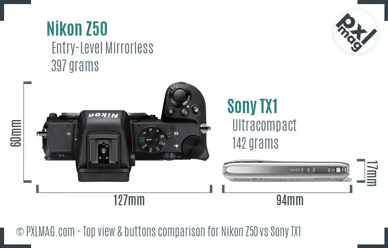 Nikon Z50 vs Sony TX1 top view buttons comparison