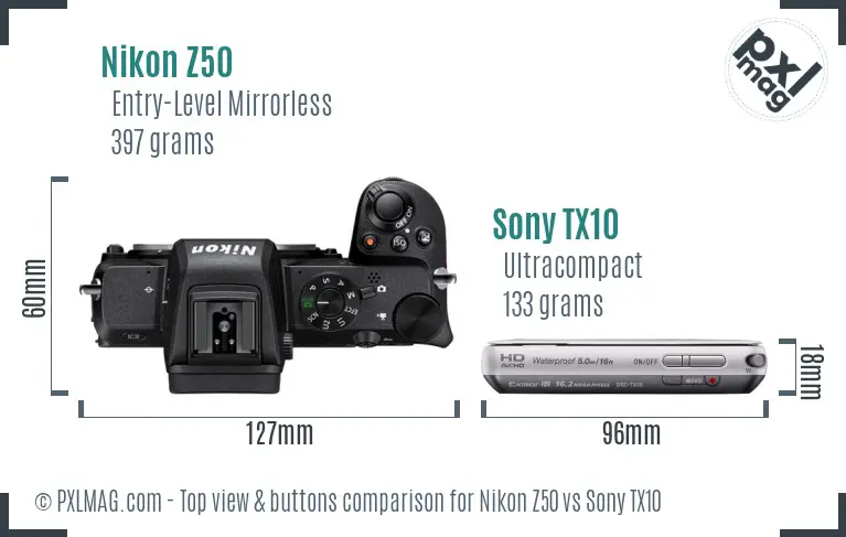 Nikon Z50 vs Sony TX10 top view buttons comparison
