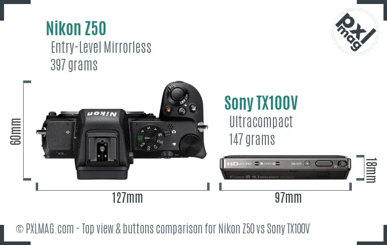 Nikon Z50 vs Sony TX100V top view buttons comparison