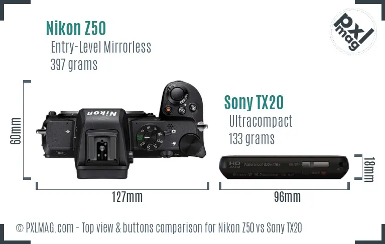 Nikon Z50 vs Sony TX20 top view buttons comparison
