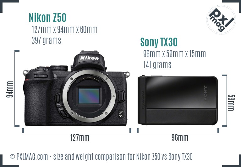 Nikon Z50 vs Sony TX30 size comparison