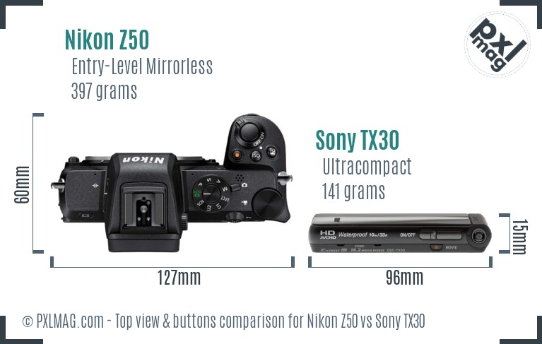 Nikon Z50 vs Sony TX30 top view buttons comparison
