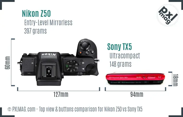 Nikon Z50 vs Sony TX5 top view buttons comparison Nikon Z50 vs Sony TX5 top view buttons comparison