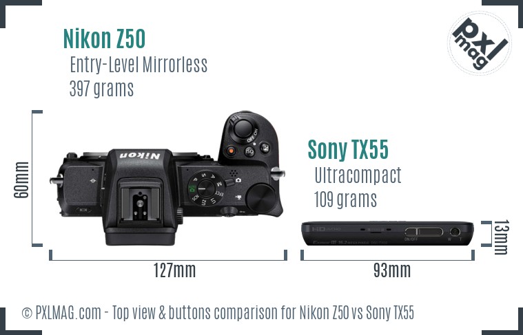 Nikon Z50 vs Sony TX55 top view buttons comparison