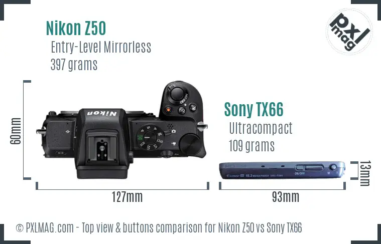 Nikon Z50 vs Sony TX66 top view buttons comparison