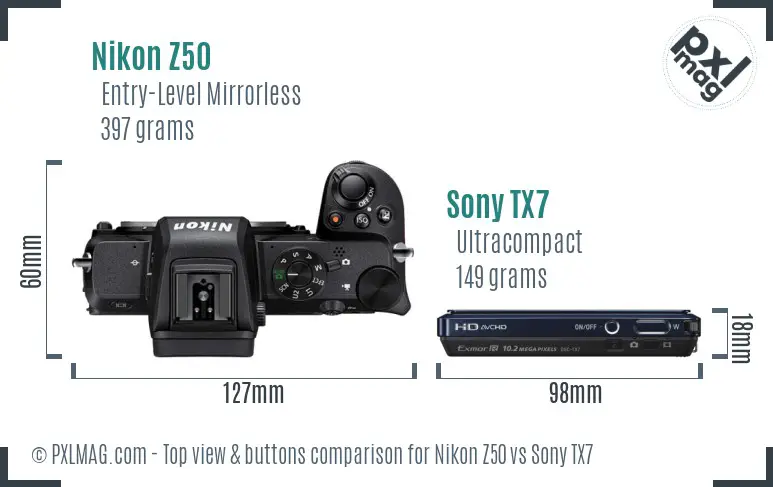 Nikon Z50 vs Sony TX7 top view buttons comparison Nikon Z50 vs Sony TX7 top view buttons comparison