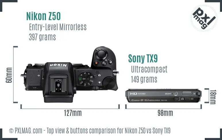 Nikon Z50 vs Sony TX9 top view buttons comparison