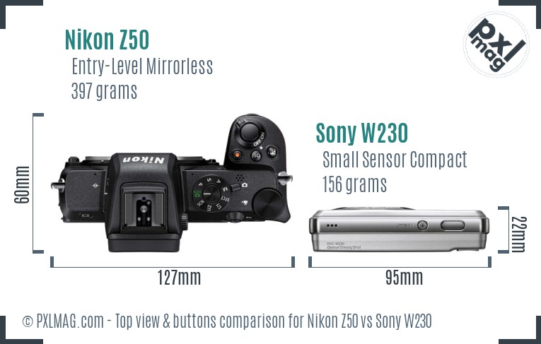 Nikon Z50 vs Sony W230 top view buttons comparison