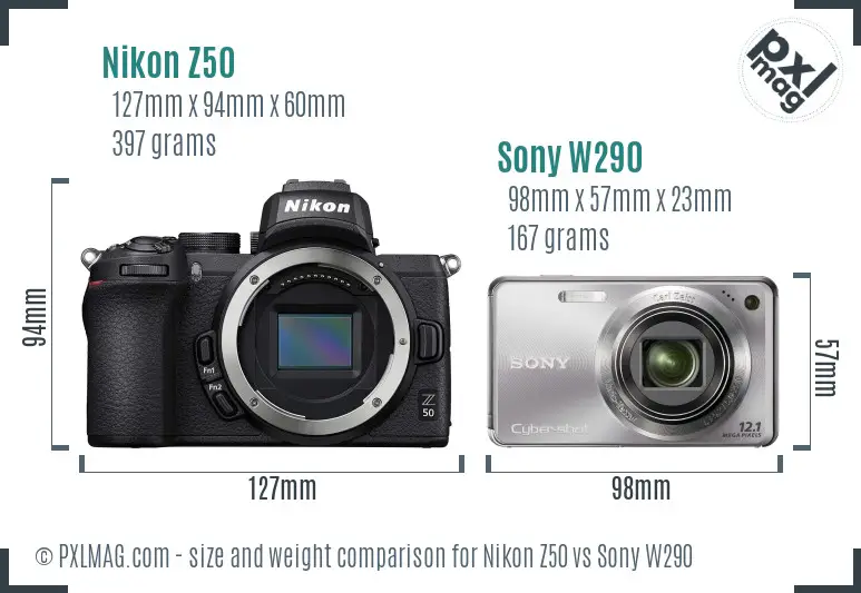 Nikon Z50 vs Sony W290 size comparison