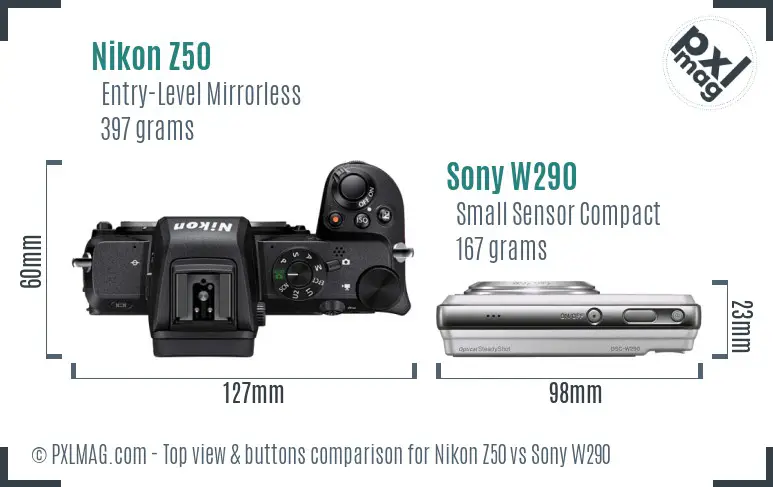 Nikon Z50 vs Sony W290 top view buttons comparison