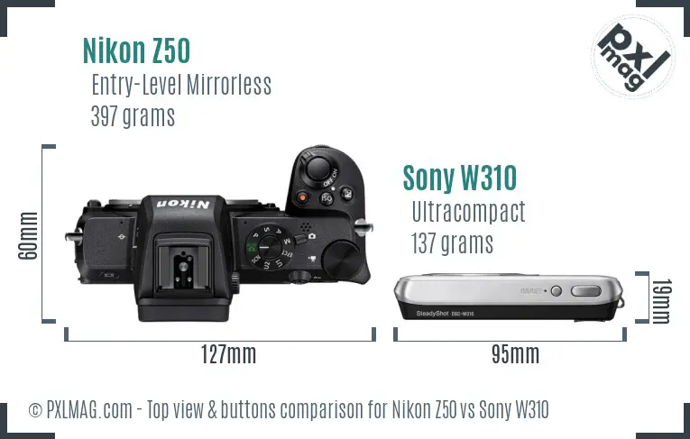 Nikon Z50 vs Sony W310 top view buttons comparison Nikon Z50 vs Sony W310 top view buttons comparison