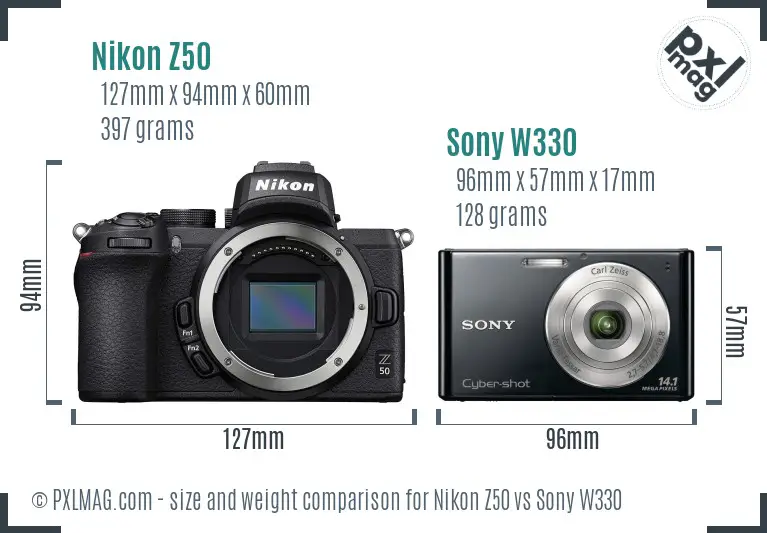 Nikon Z50 vs Sony W330 size comparison