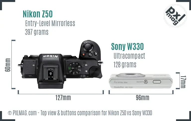 Nikon Z50 vs Sony W330 top view buttons comparison