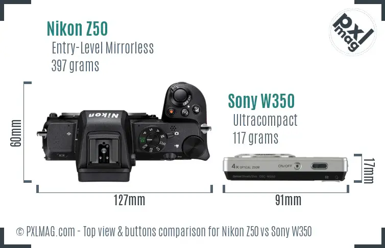 Nikon Z50 vs Sony W350 top view buttons comparison Nikon Z50 vs Sony W350 top view buttons comparison