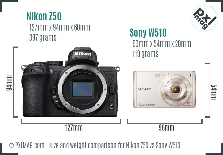 Nikon Z50 vs Sony W510 size comparison