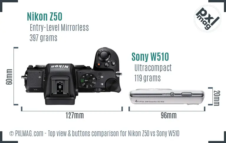 Nikon Z50 vs Sony W510 top view buttons comparison