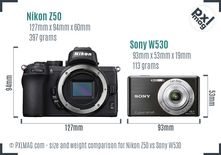 Nikon Z50 vs Sony W530 size comparison