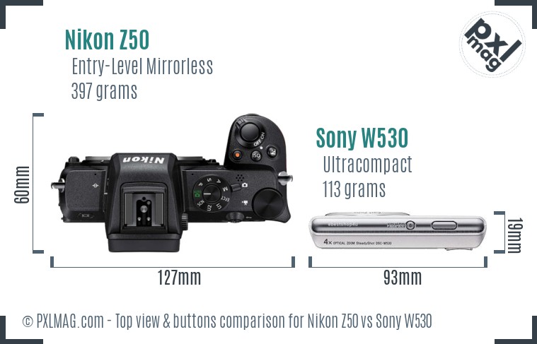 Nikon Z50 vs Sony W530 top view buttons comparison
