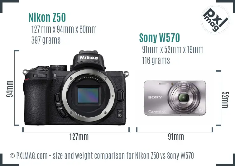 Nikon Z50 vs Sony W570 size comparison