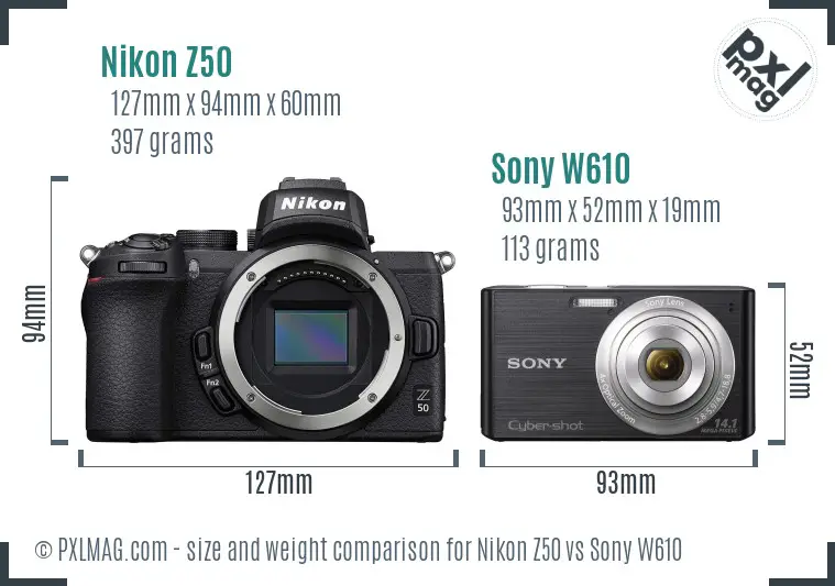 Nikon Z50 vs Sony W610 size comparison