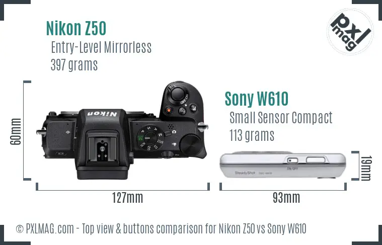 Nikon Z50 vs Sony W610 top view buttons comparison