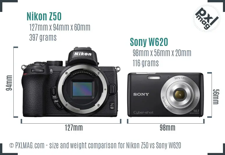 Nikon Z50 vs Sony W620 size comparison