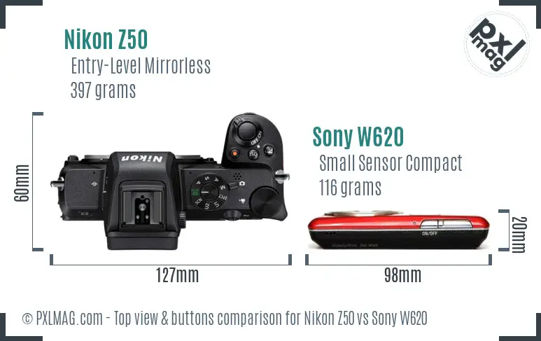 Nikon Z50 vs Sony W620 top view buttons comparison