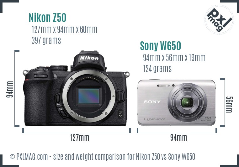 Nikon Z50 vs Sony W650 size comparison