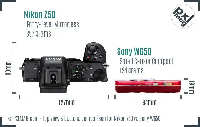 Nikon Z50 vs Sony W650 top view buttons comparison