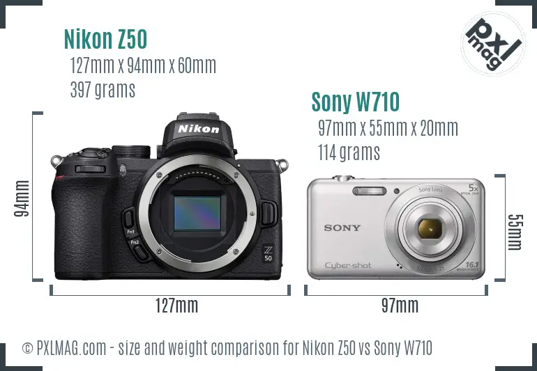 Nikon Z50 vs Sony W710 size comparison