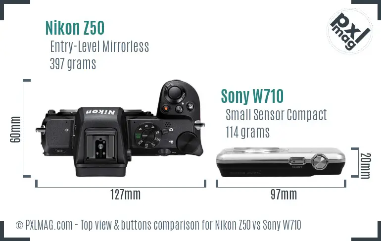 Nikon Z50 vs Sony W710 top view buttons comparison