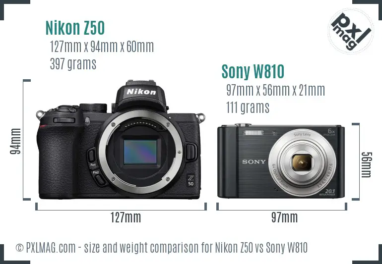 Nikon Z50 vs Sony W810 size comparison