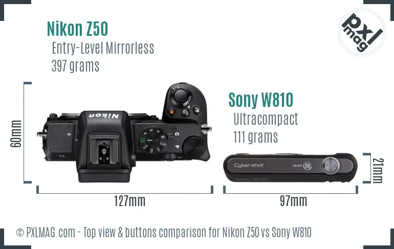 Nikon Z50 vs Sony W810 top view buttons comparison