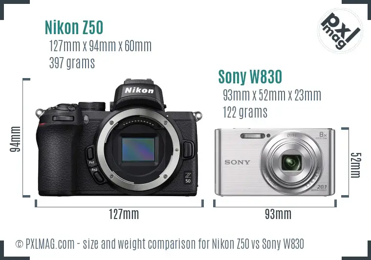 Nikon Z50 vs Sony W830 size comparison