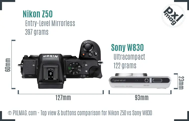 Nikon Z50 vs Sony W830 top view buttons comparison