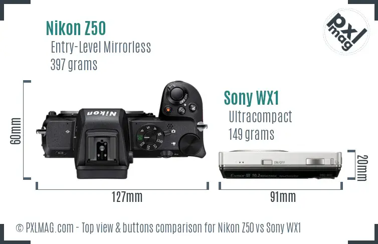 Nikon Z50 vs Sony WX1 top view buttons comparison